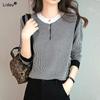 Patchwork Lattice Button Round Neck Intellectual Temperament Pullovers Korean Casual Women's Clothing Loose Autumn Winter Thin