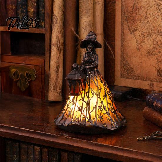 Handmade Gothic Interior Decor Halloween Witch Lamp, Stained Glass Style Table Lamp with Lantern, Retro Hollow Carved Sculpture LED Resin Night Light