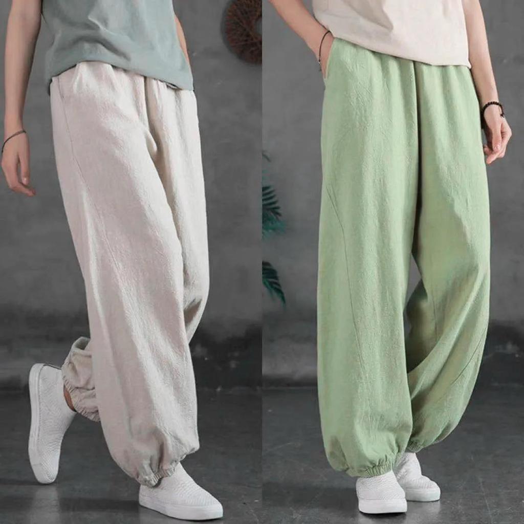 Summer Cotton Linen Literary Vintage Ankle Tie Pants Women's Loose Solid Color Versatile Casual Lantern Long Pants