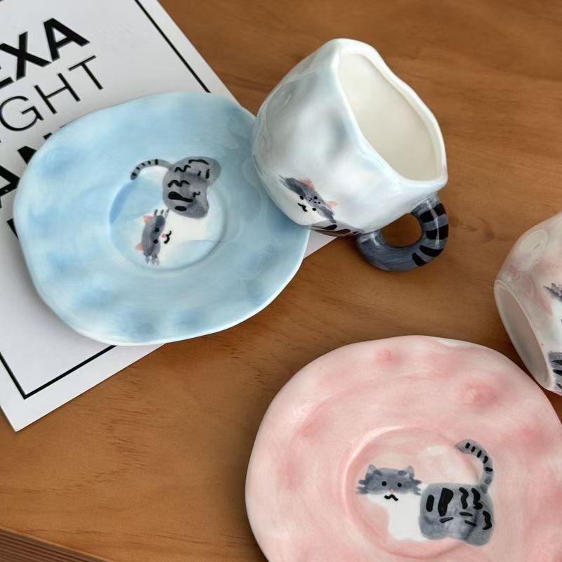 Creative Cute Cat Ceramic Coffee Mug with Saucer Set Unique Irregular Design Coffee Cup With Handle for Latte Tea Milk 300ml