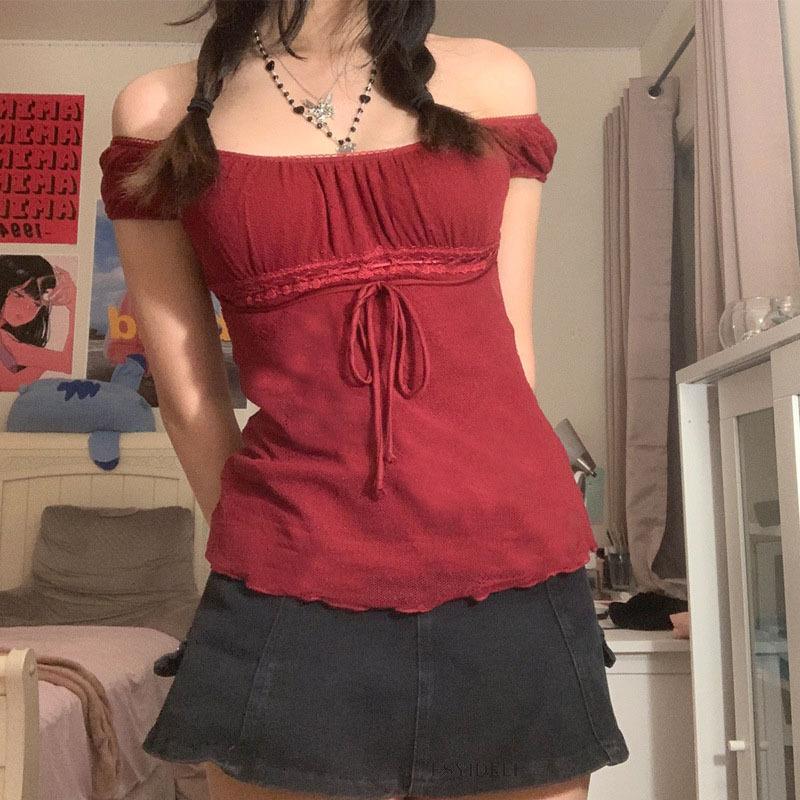 

Элегантная женская футболка с квадратным воротником, кавайный бант, короткий рукав, пуловеры, футболки, винтажный женский укороченный топ Y2K в стиле гранж, ретро-одежда M