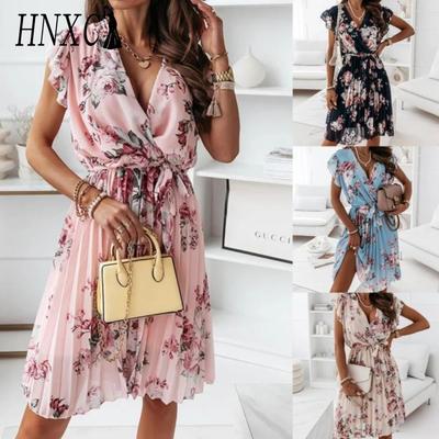 Lockeres Sommer Plissee Damen Midi Kleid V-Ausschnitt Hohe Taille Freizeitkleid
