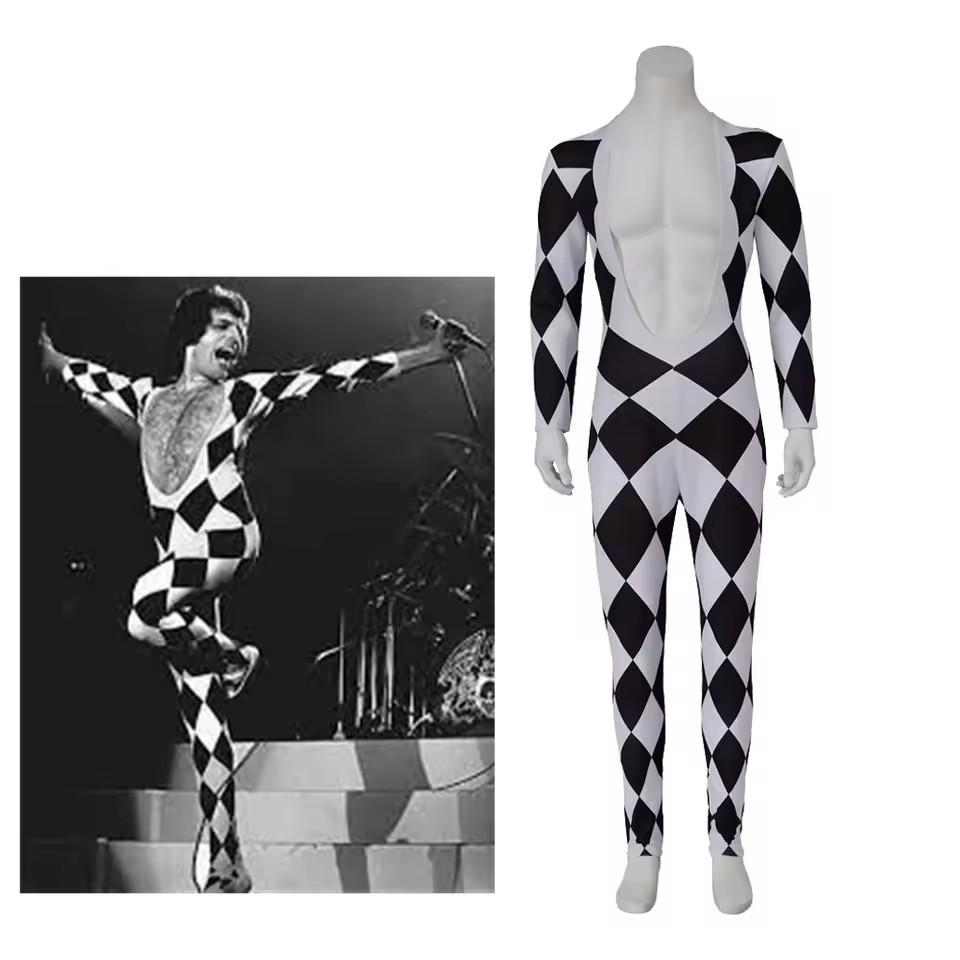 Freddie Mercury Cosplay Zanger Jumpsuit Voor Mannen Zwart Wit Ruit Diepe V Bodysuit Halloween Feest Leadzang Stage Show Outfits