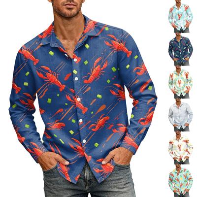 Men's Long Sleeve Button Down Shirt Hawaiian Collar Lobster Print Casual Beachwear Shirt for Summer Vacation and Outdoor Activities