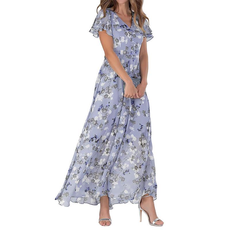 Summer long dress V-neck short-sleeved printed chiffon dress elegant temperament