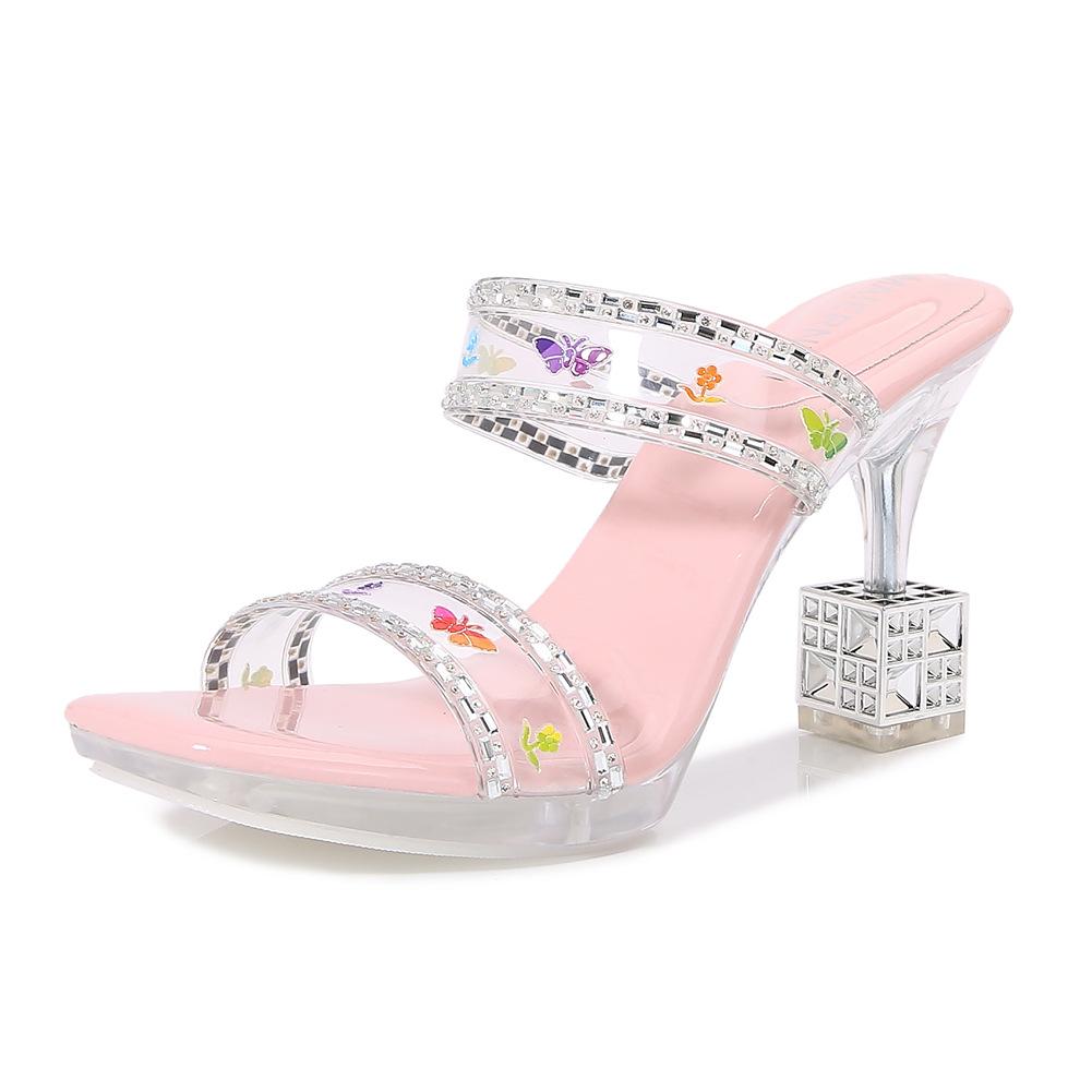 

Celebrity Daily Versatile Transparent Rhinestones Sexy High Heels Wear Outside Cool Slippers 41 розовый