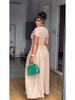 2026 Spring European & American Elegant Waist-Cinching Short Sleeve Solid Color Scarf Collar Dress