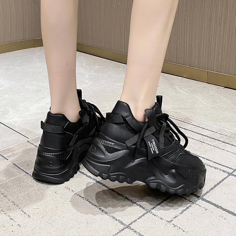 8CM Women Walking Sneakers Autumn Lace-up High Platform Chunky Shoes Breathable Leather Shoes Wedge Heels Casual Shoes Size 42