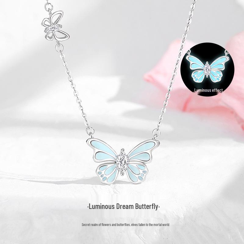 Tichia S925 Sterling Silver Luminous Enamel Butterfly Necklace for Women - Original Design Clavicle Chain