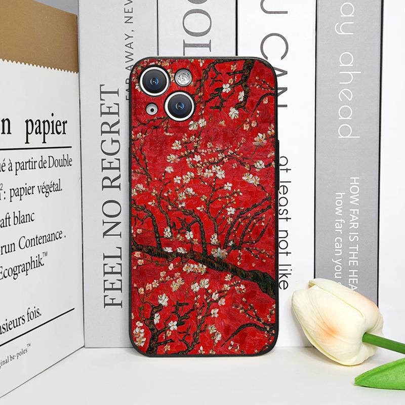 Retro Künstlerisches Rotes Blume Pflaumenblüte Muster Handyhülle für iPhone 17 16 12 11 14 Plus 13 15 Pro Max Mini X XS XR Weiche Hüllen