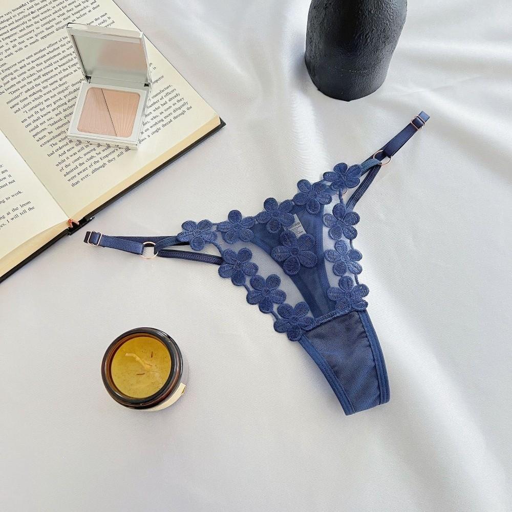 Low Waist Underwear for Women Mesh Hollow Thin Belt Thong Embroidery Floral Panties  Hotel