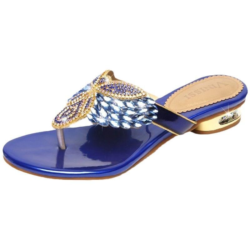 New rhinestone slippers summer low heel bohemian beach shoes holiday flip flops clip sandals