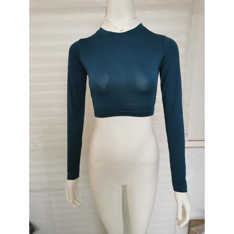 2026 Fashionable Solid Color Short Slim Fit Cropped Long Sleeve T-Shirt for Women with Round Neck