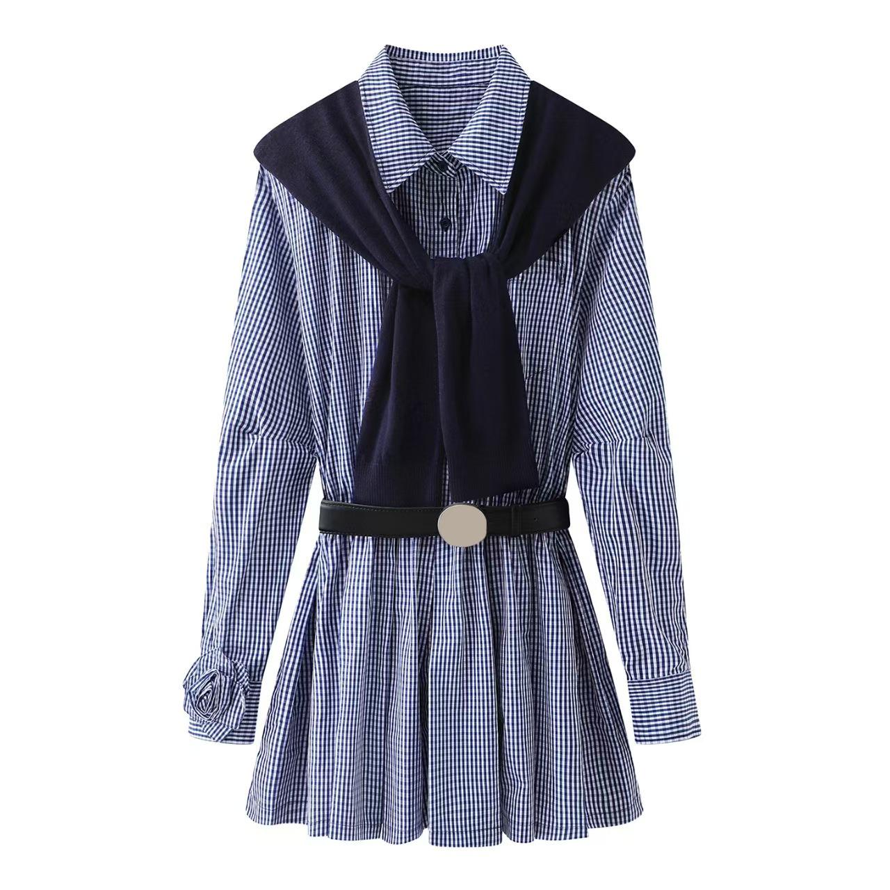 Spring 2026 Designer Plaid Dress Set with 3D Floral Sleeve Shawl (RK11101266) - In Stock S синий