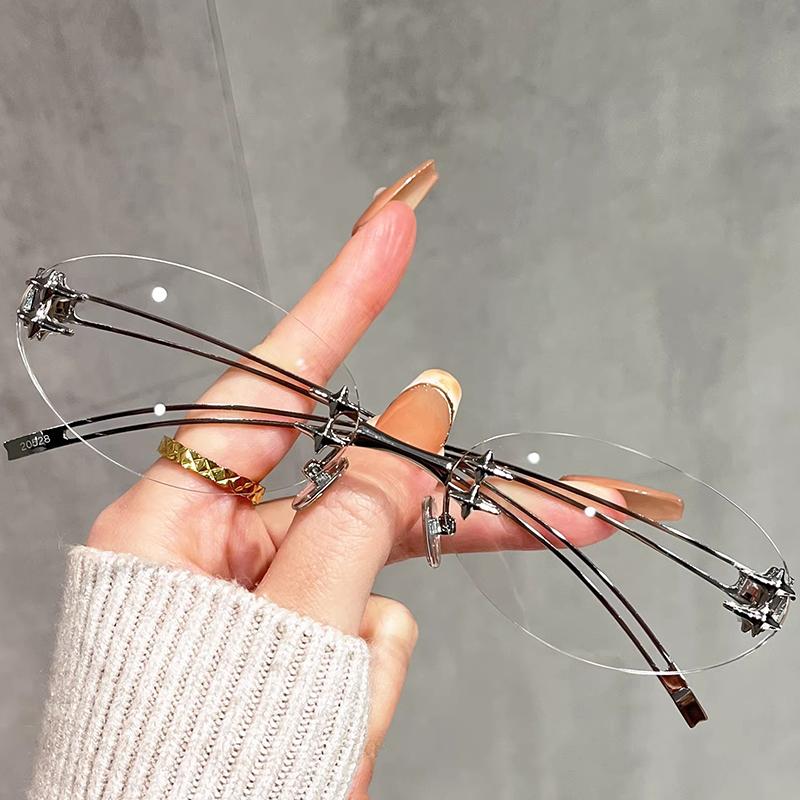 Y2K Retro Oval Rimless Metal Frame Sunglasses Trendy Sun Glasses Ultra Lightweight Luxury Eyeglasses Unisex Eyewear Accessories