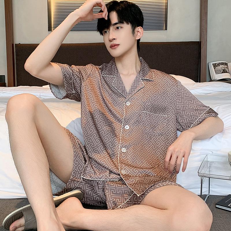 Pajamas Suit Men Summer Ice Silk Short Sleeved Long Pants Thin Male Satin Sleepwear Youth Homewear Set Gentlemen