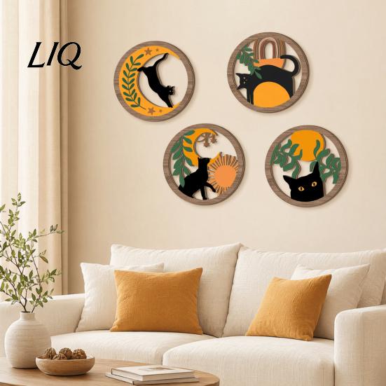 Artistic Cat Wall Piece 4Pcs 3D Boho Decoration, Round Wooden Hangings, Animal Star Sun Moon Layered Wood Hanging Botanical Decor, Plaque for