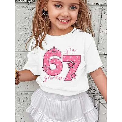 Europäische Größen Mädchen 67 T-Shirt mit Buchstaben- und Zahlenaufdruck - Lässiges Oberteil mit Rundhalsausschnitt, geeignet für Frühling/Sommer und Freizeitkleidung