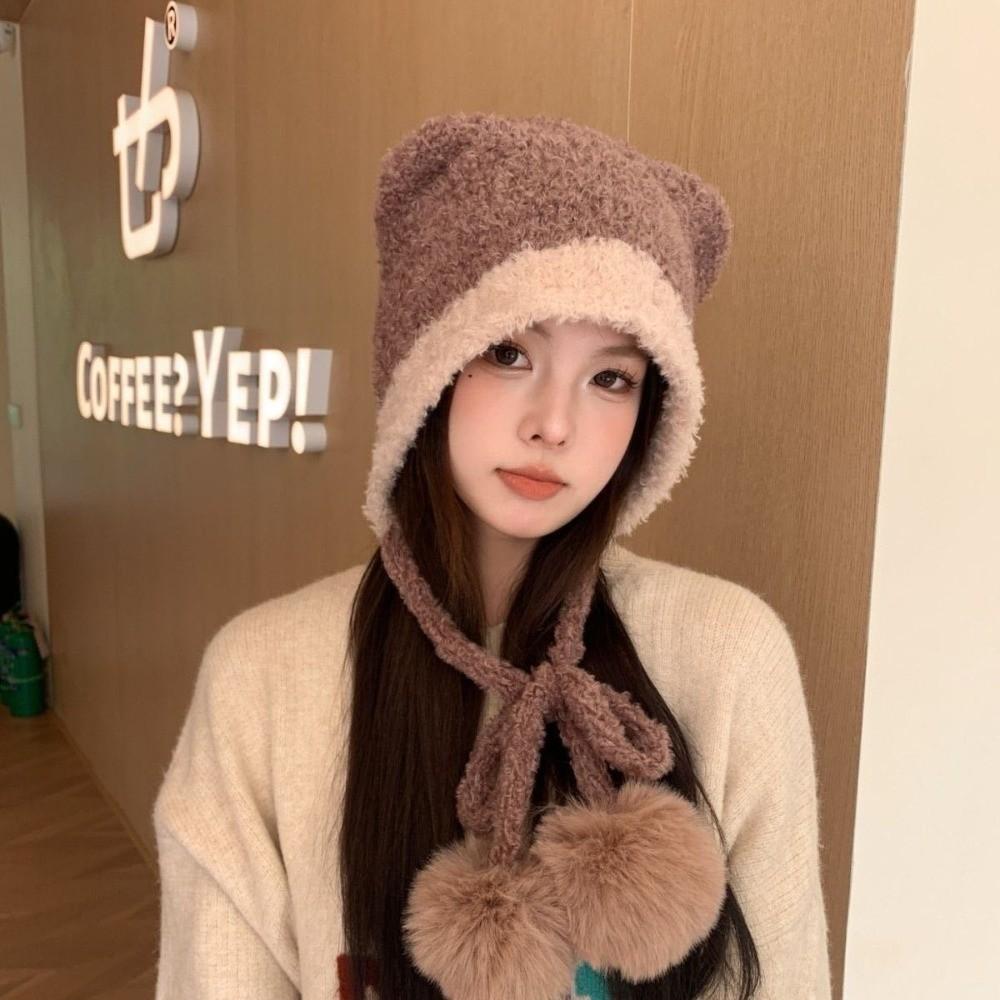 Neue Niedliche Bären Strickmütze Gestrickte Bommel Pullovermütze Winddicht Kälteschutz Beanie Mütze für Outdoor Radfahren Skifahren