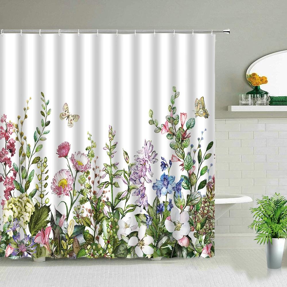 Plant Series Shower Curtains Bathroom Waterproof Polyester Cloth Curtain Set Flowers Print Screens For Bathtub Decor With Hooks