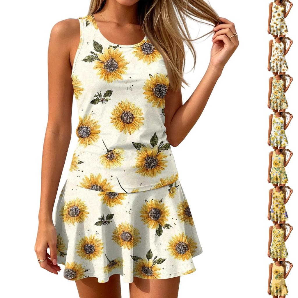 Womens Tennis Dress Athletic Golf Dress with Built in Shorts Pocket Sleeveless Floral Print A Line Sports Dress