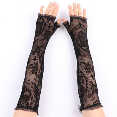 Kobiety Lato Ochrona Przeciwsłoneczna Modny Nadruk Cienka Koronka Przezroczyste Długie Bezpalcowe Rękawiczki Rękawki Elastyczność Siateczka Lolita Punk Cosplay