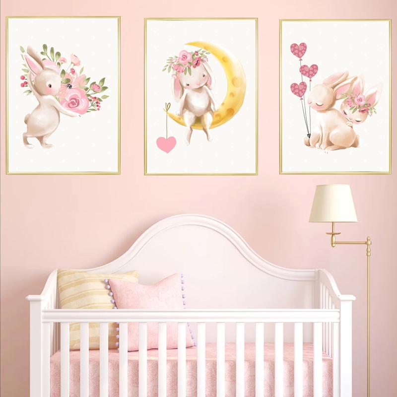 Cartoon Cute Bunny Holding Flowers Moon Love Baby Posters And Prints Wall Art Canvas Painting Wall Pictures Kids Room Décor No Frame