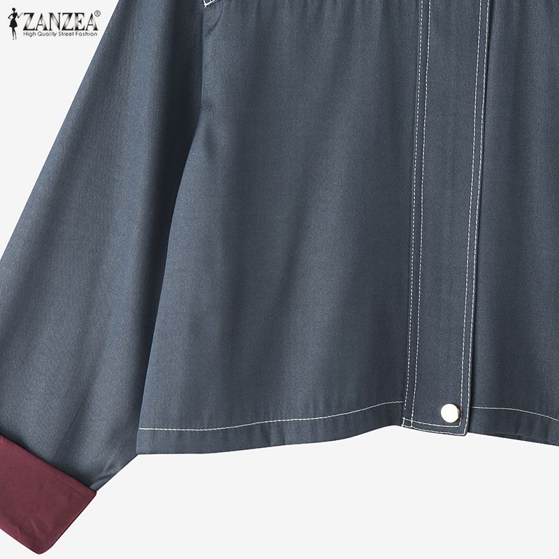 ZANZEA Women Splice Turn Down Collar Casual Long Sleeve Blouse