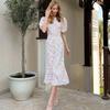 LYRIA Printed Floral Long Dress for Women Slim High Waist Puff Short Sleeve Dress Fashion Commuting Dress Fmale