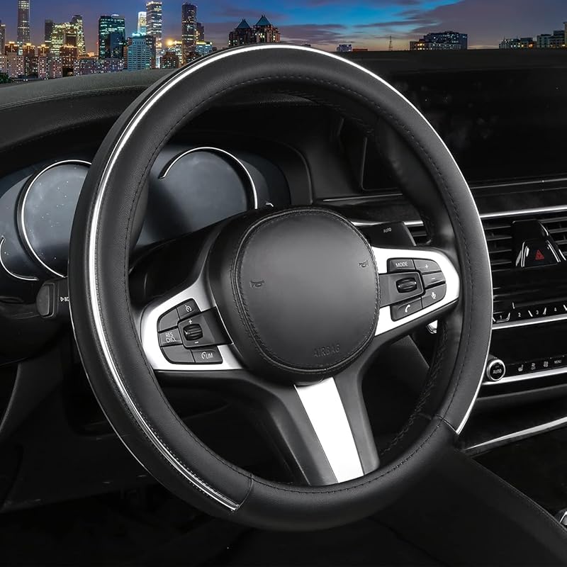 Car Steering Wheel Cover, Microfiber Leather Wheel Cover, Bright Strip Cute Steering Wheel Cover Universal 14.5-15 Inch Car Accessory, Breathable,