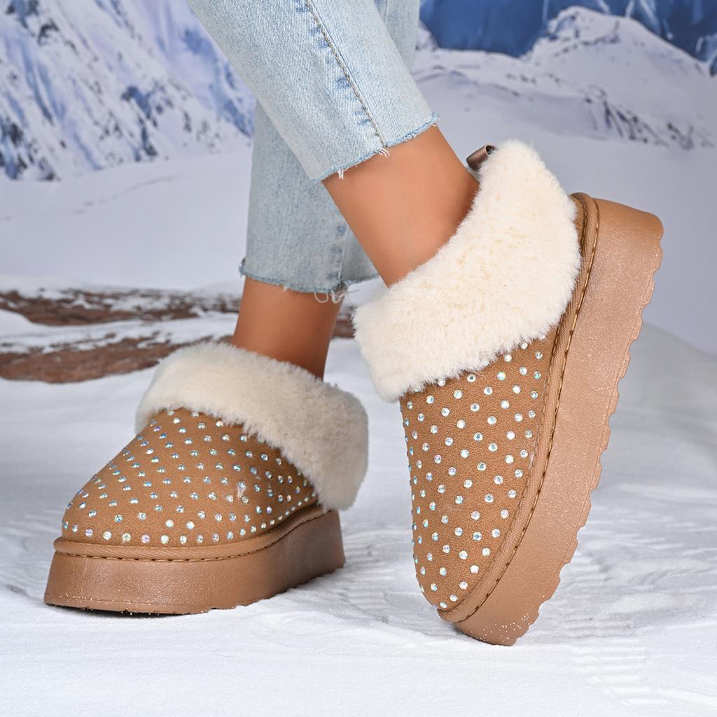 Damen Slip-On Winter Schneestiefel mit Strasssteinen Dicke Sohle Langes Plüsch Warm Baumwollschuhe Damen Flauschiges Fell Plateau Stiefeletten