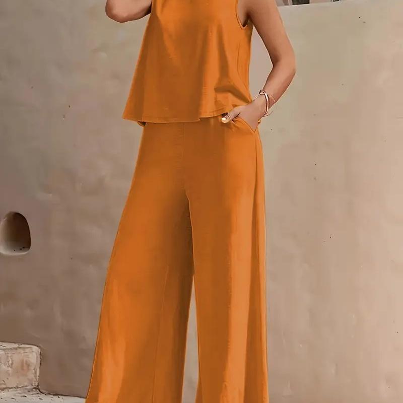 New Women's Sleeveless Vest And Trousers Two Piece Set Fashion Solid Color Two Piece Round Neck Top Pants Suit Casual Set