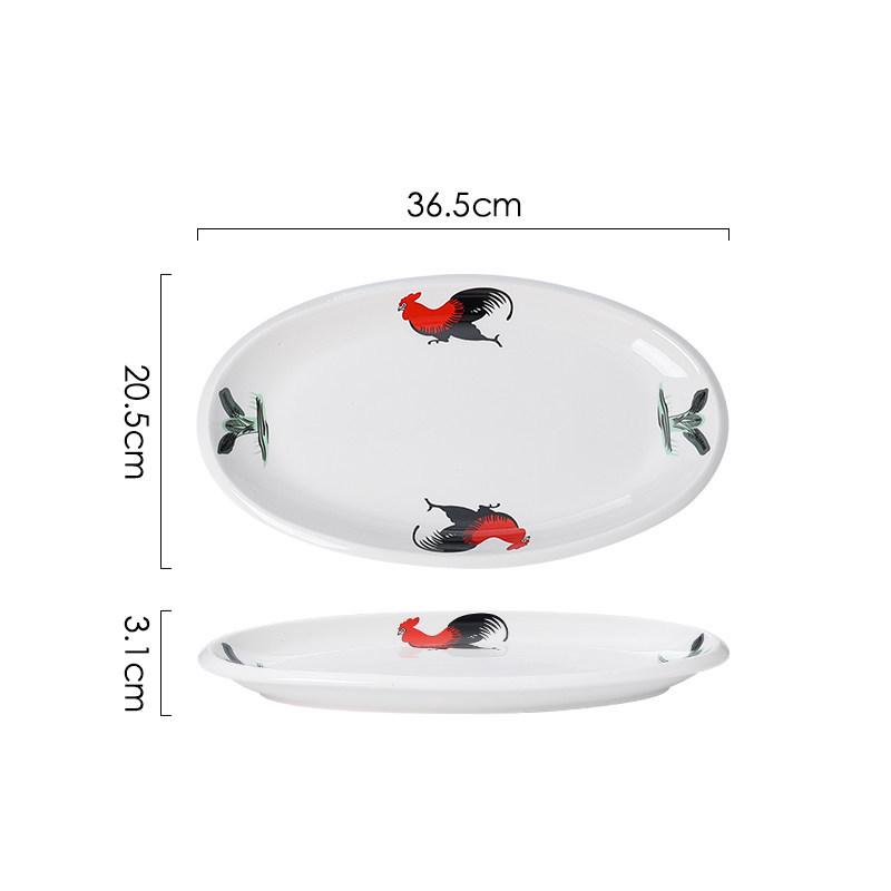 Ceramic Retro Rooster Oval Fish Serving Plate for Microwave & Hotel Use