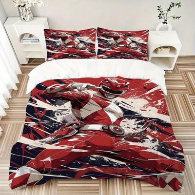 3pcs Red Ranger In Action Printed Quilt Set - Includes 1 Quilt Cover and 2 Pillowcases, Machine Washable - Suitable for All Seasons.W071