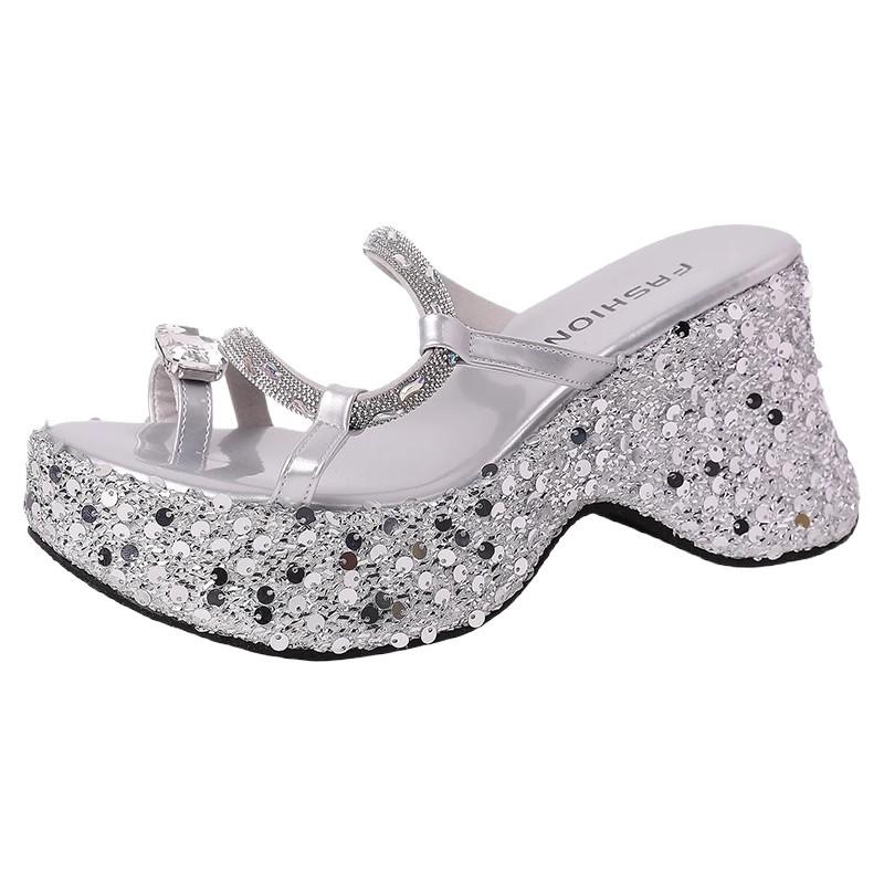 Thick-bottomed wedge slippers women's new summer outer wear fashion sequins transparent one-word set toe high-heeled sandals women