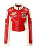 Jachetă de motociclist pentru femei din piele PU cu blocuri de culoare, cu ecuson brodat și guler înalt