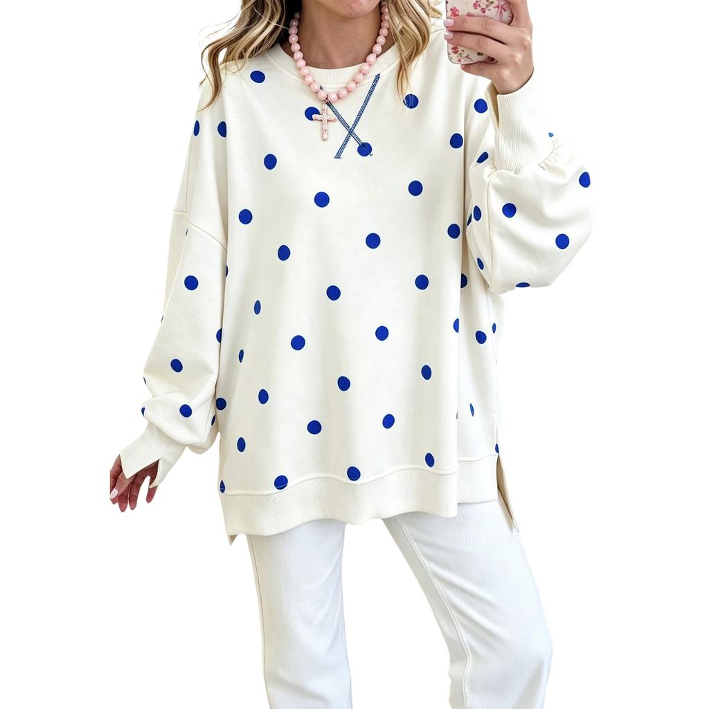 Damen Freizeit Pullover mit langen Ärmeln und Polka-Dot-Muster, lockere Passform