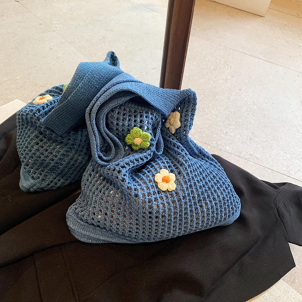 

Women Knitted Tote Bag Crochet Shoulder Bag with Flower Decor Fashion Tote Handbags Hollow Out Handbag Outdoor Travel Bag синий
