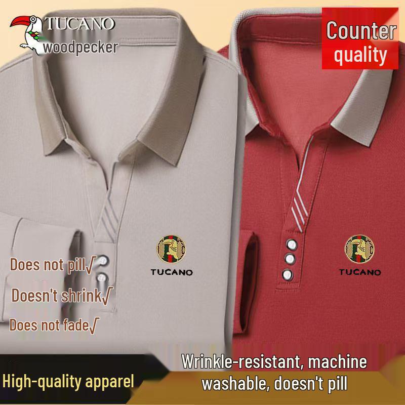 Woodpecker Men's Long-Sleeve Solid Color Polo Shirt with V-Turn Collar for Spring and Autumn.