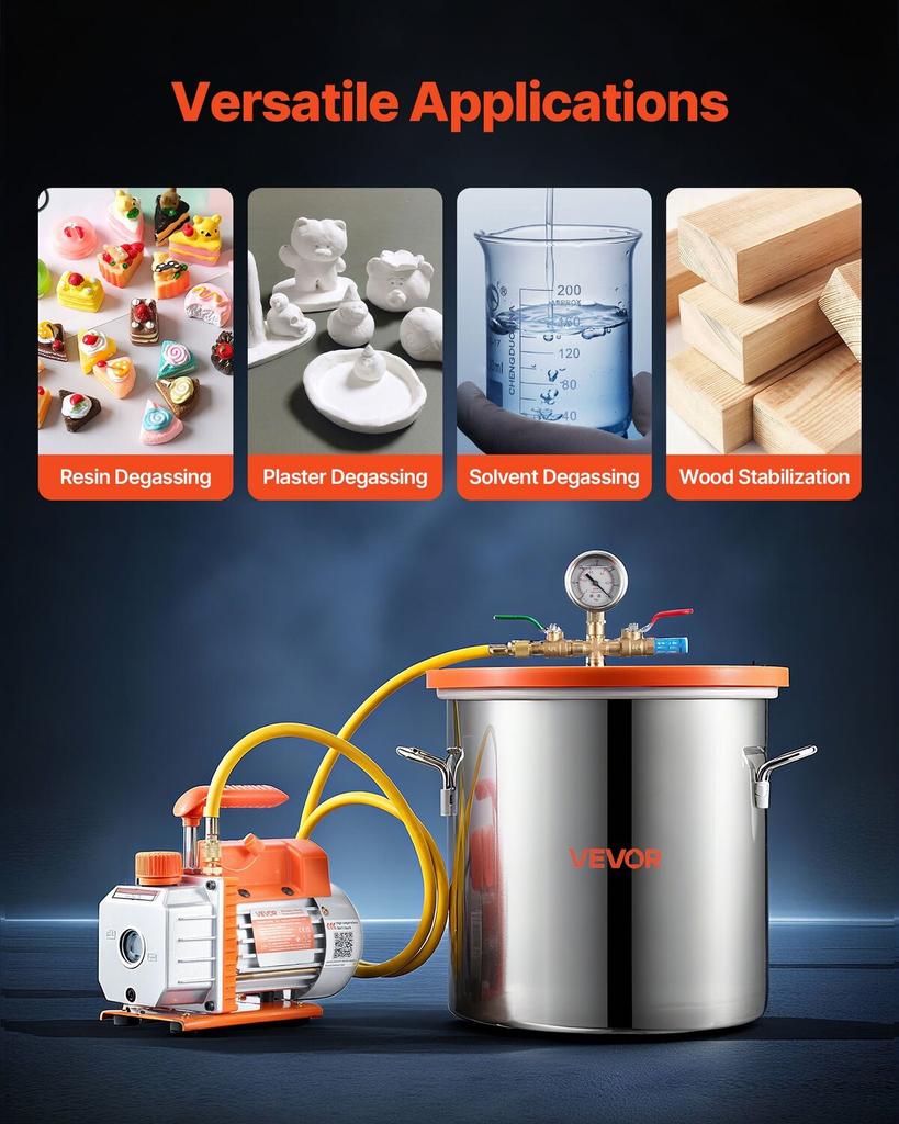 18.93 L Vacuum Chamber with Pump, 3.5 CFM 99 L/min, Single Stage Vacuum Pump, Stainless Steel Degassing Chamber Kit, Tempered Glass Lid, 1.5 M Hose,