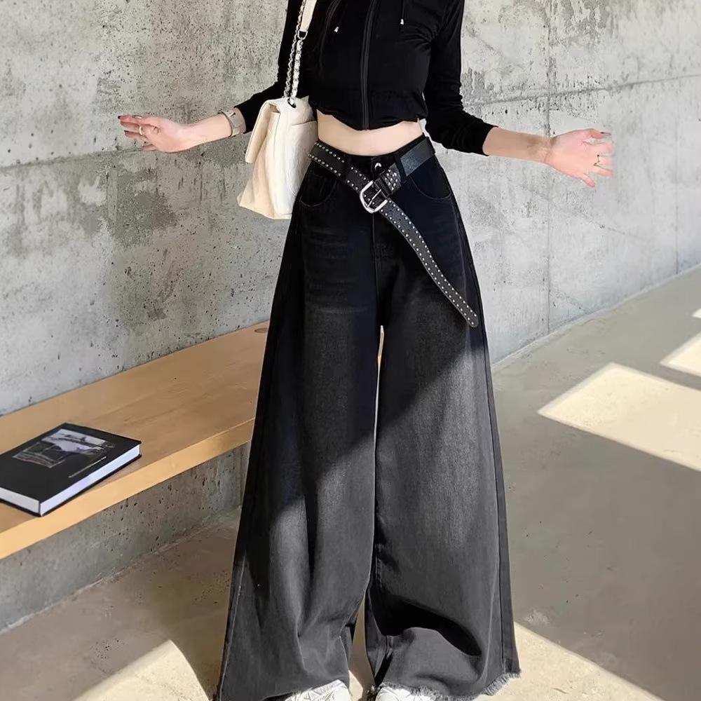 Women's High Waist Wide Leg Jeans Baggy Denim Pants Black Raw Hem Casual Loose