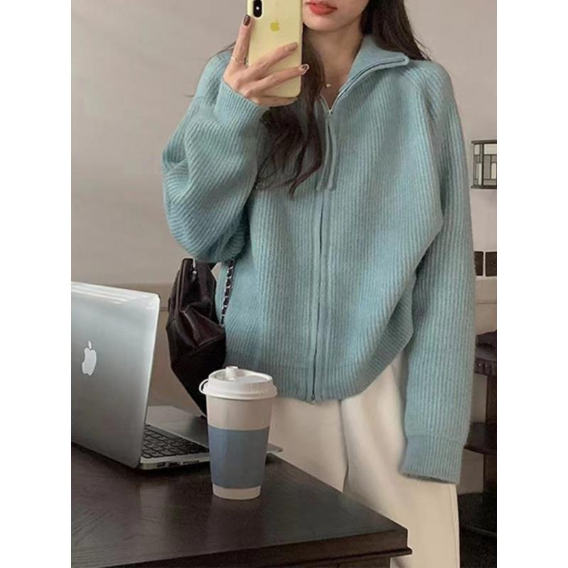 

Comfortable purple lapel turtleneck double zipper sweater jacket women s autumn lazy style stand-up neck knitted cardigan tide One size светло-зеленый