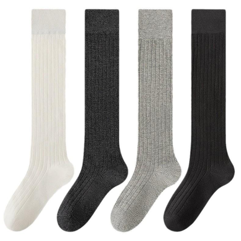 Spring And Autumn Smoky Gray Calf Socks Vertical Striped Cotton Stacked Socks Catwalk White Mid-Leg Socks