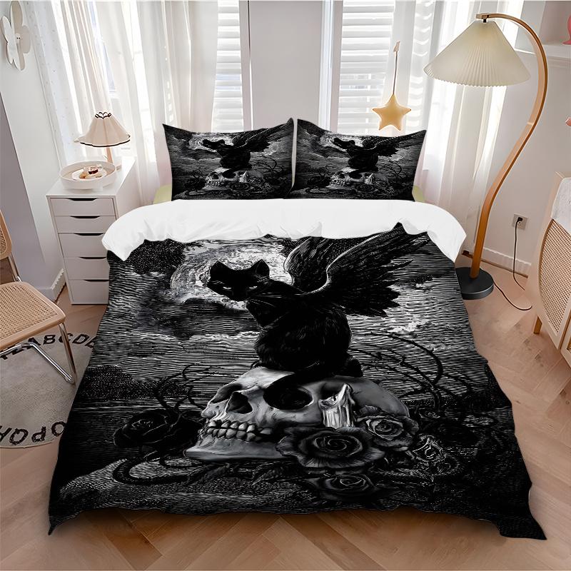 3pcs Moonlit Scene Black Cat Bedding Set, Including 1 Quilt Cover and 2 Pillow Shams, Without Filling, Soft and Comfortable Home Bedroom Fabric,