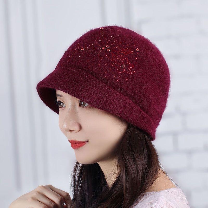 Autumn Winter Velvet Warm Woolen Hat for Women Fashionable Rhinestone Flower Rabbit Hair Knitted Hat Outdoor Windproof Ear Protection Hat