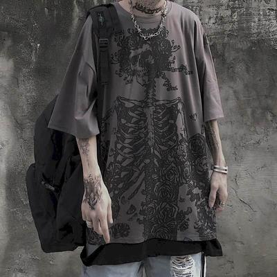 Men T-shirts  Summer Streetwear High Street Gothic Skull Tshirt Loose Oversized Short-sleeved T Shirt Dark Anime Men Y2k Top