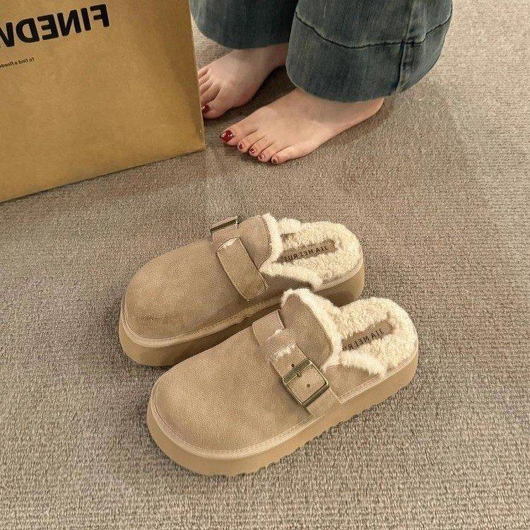 Cowhide version! Thick-soled snow boots increase the height of the bag head and half-drag women's autumn and winter new warm and thickened plush B