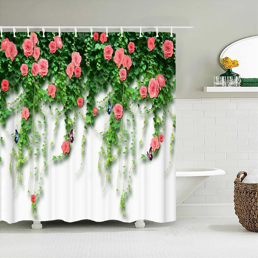 Rural Landscape Fabric Shower Curtain Bathroom Curtains Rock Brick Wall Plant Flowers Waterproof Decor Bath Screen With Hook