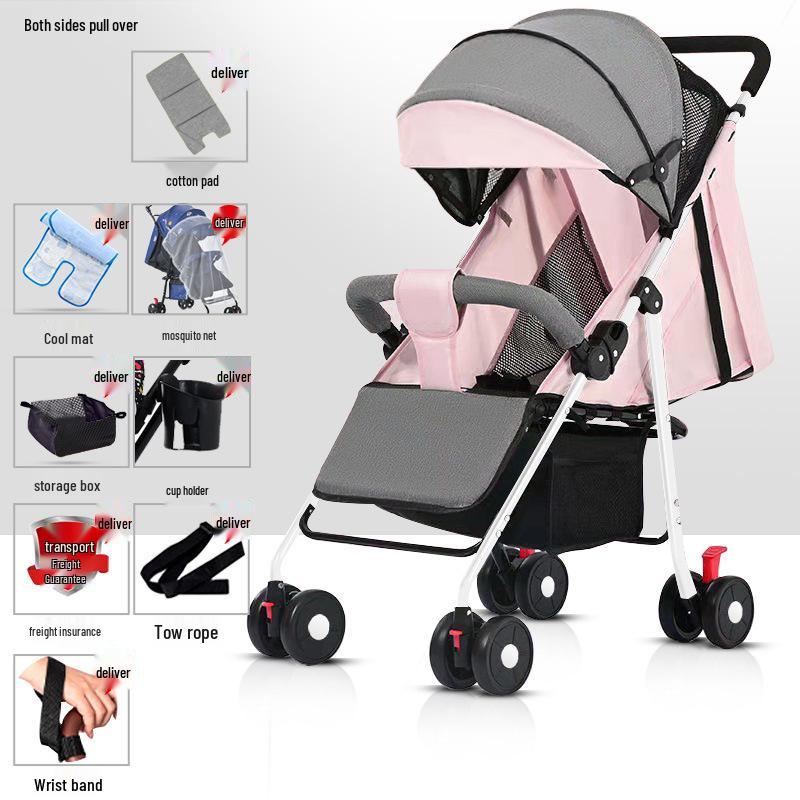 Lightweight Foldable Stroller: Sit or Lie Position, Four-Wheel Design, One-Key Fold for Kids and Babies.