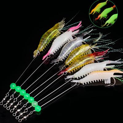 7Pcs Glow-In-The-Dark Soft Fishing Lures with Hook, Artificial Shrimp Bait for Bass Pike Trout, Realistic Plastic Worm for Freshwater Saltwater